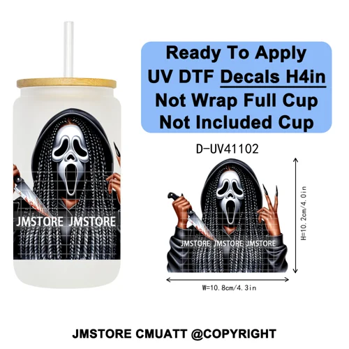 Scary Movie Character Afro Girls Halloween UV DTF Transfer Stickers Decals Ready To Apply Waterproof For 16OZ Libbey Glass Can