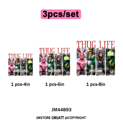 Winter Christmas Cartoon Holiday Characters Thug Life Green Iron on Washable DTF Transfers Stickers Ready to Press for Textiles