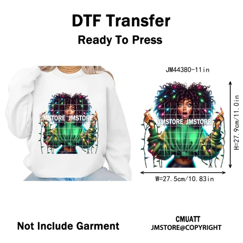 Sassy Afro Women Quirky Girls Santa Christmas Attitude Iron on Washable DTF Heat Transfers Stickers Ready to Press for Textiles