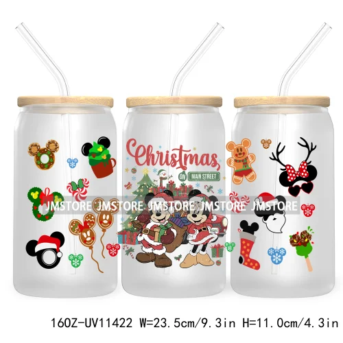 Merry Christmas Cartoon Couple 16OZ UV DTF Cup Wrap Ready To Apply For Libbey Glass Can Cup Tumbler Gingerbread Candy Cane Mouse