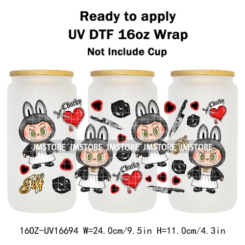 Laboo Cartoon Horror Halloween Characters 16OZ UV DTF Cup Wraps Ready To Apply Waterproof Transfer Stickers For Libbey Glass Can