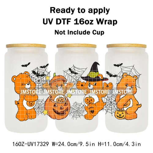 Scary Bears Halloween Pumpkins Horror Characters UV DTF Wraps Transfer Sticker Selfadhesive For 16OZ Libbey Glass Can Tumbler