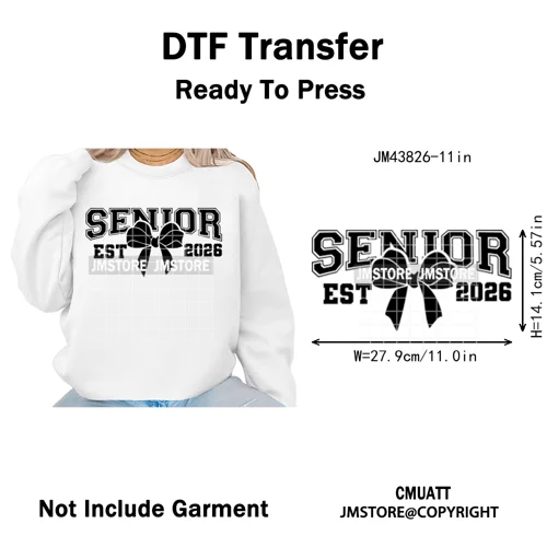 2026 Varsity Graduate Season College Senior Year Bow Iron on Washable DTF Heat Transfers Stickers Ready to Press for Sweatshirts