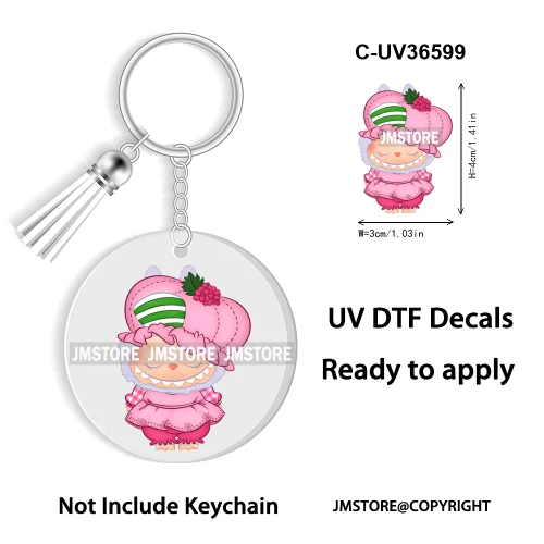 Coquette Bow Cartoon Monsters Doll In Costume Decal Round Keychain Ready To Apply UV DTF Transfer Stickers For Circle Keychain