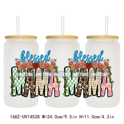 Floral Blessed Mama Leopard Mom 16OZ UV DTF Cup Wraps Ready To Apply Waterproof Transfer Stickers For Libbey Glass Can Tumbler