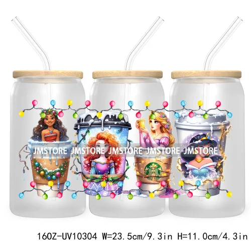 Princess Christmas Cartoon Friends 16OZ UV Cup Wrap DTF Transfer Stickers For Libbey Glass Can Cups Tumbler Magical Kingdom Vibe