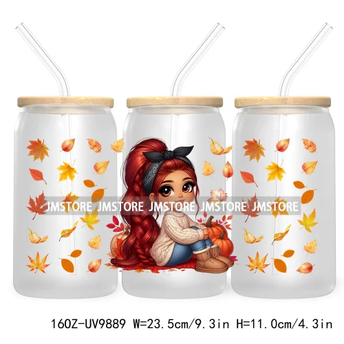 Mexican Latina Chibi Autumn Baby Girl UV DTF Sticker For 16OZ Libbey Glass Cup Can Wrap Transfer Stickers Custom Labels DIY Logo