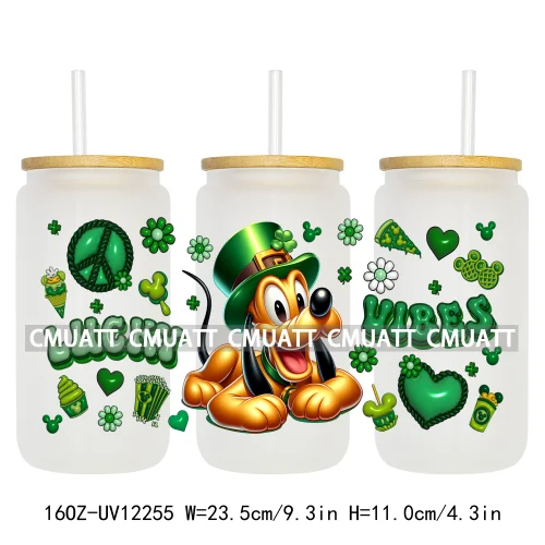 Happy St Patricks Cartoon Princess Characters Feeling Lucky Four Leaf Clover 16OZ UV DTF Cup Wrap Sticker For Libbey Glass Can