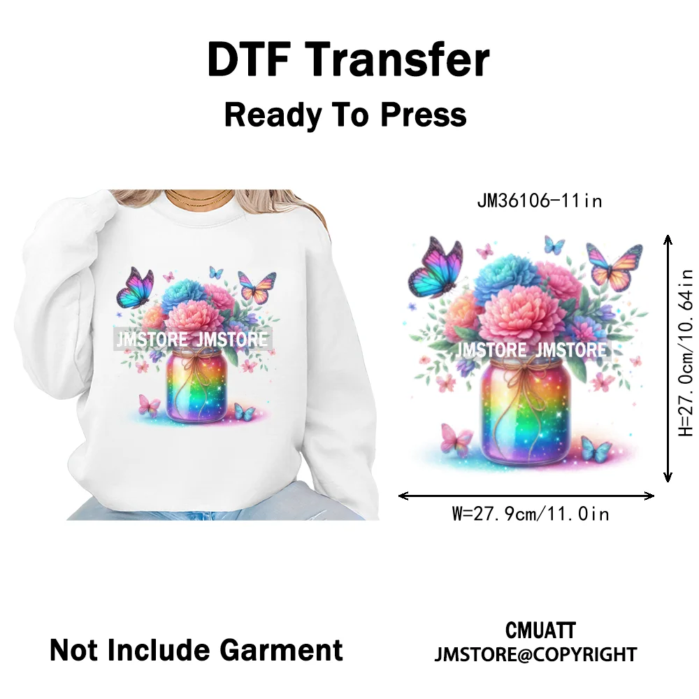 Colorful Sparkling Rainbow Butterflies Flowers Lovers Washable Iron on DTF Transfers Stickers Diy Ready to Press for Clothes