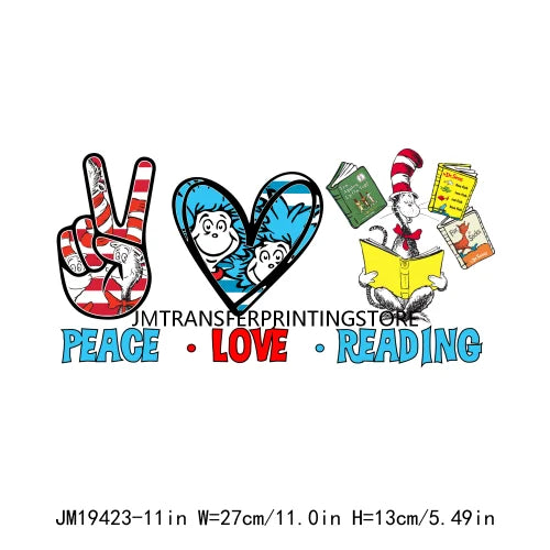 New Washable Wild About Reading Plastisol Printing Here Comes Trouble Peace Love Reading DTF Transfer Stickers For T-Shirts