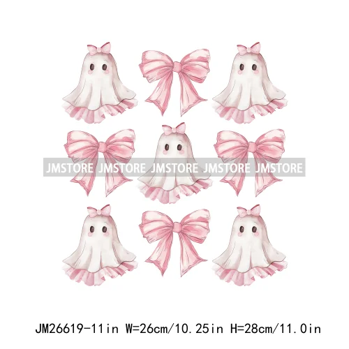 Colorful Halloween Spooky Season Cute Ghost Pumpkin Girly Coquette Bow DTF Iron On Transfers Stickers Ready To Press For T-shirt