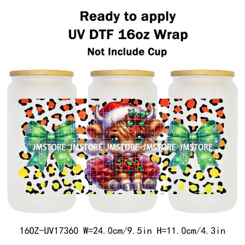 Watercolor Christmas Highland Cows Gift Leopard Print 16OZ UV DTF Cup Wraps Ready To Apply Transfer Sticker For Libbey Glass Can