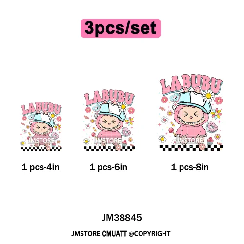 Floral Cute Checkered Cartoon Monster Character Iron on DTF Washable Transfers Stickers Designs Ready to Press for Textile Bags
