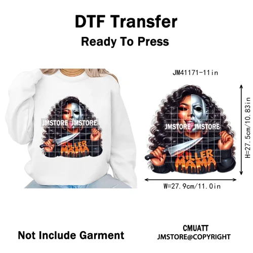 Horror Halloween Character Afro Coffee Killer Bad Mama Club Iron on Washable DTF Transfers Stickers Ready to Press for Clothing