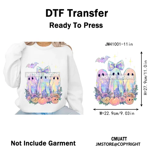 Cute Iridescent Ghost Girly Halloween Coquette Spooky Vibes Iron on Washable DTF Transfers Stickers Ready to Press for Clothing