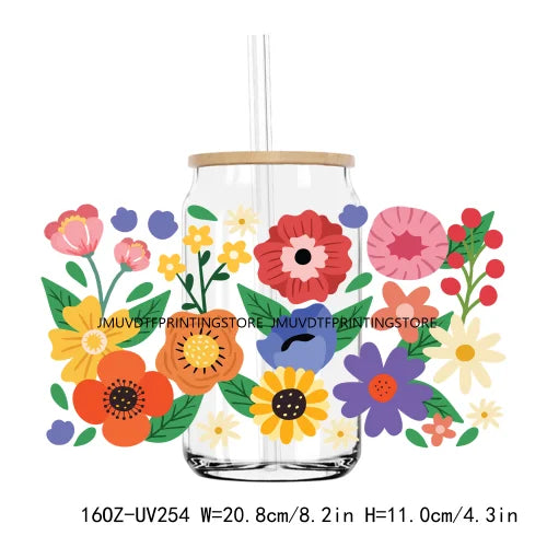 Colorful Wild Floral Flowers 16OZ UV DTF Cup Wrap Transfers Stickers Custom Labels DIY Waterproof Logo For Libbey Glass Can