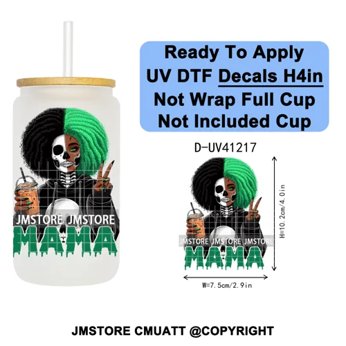 Spooky Mama Skullface Halloween UV DTF Decals Ready To Apply Waterproof Transfer Stickers DIY Crafts For 16OZ Libbey Glass Can