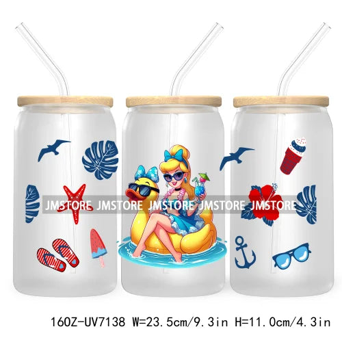 Cartoon Princess's Summer Vacation 16OZ UV DTF Cup Wrap Transfers Stickers For Libbey Glass Can Cups Tumbler Waterproof Craft