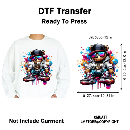 12in Hip Hop Vibes Urban Style Rich Bear With Gold Chains King Animal Iron on DTF Transfers Stickers Ready to Press for Textile