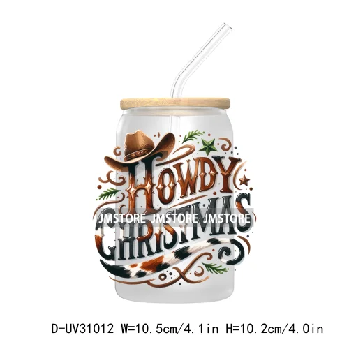 Howdy Christmas Boots Cowboy Cowgirl Western Country Xmas UV DTF Transfer Stickers Decals For Libbey Cold Cups Mugs Tumbler Bow