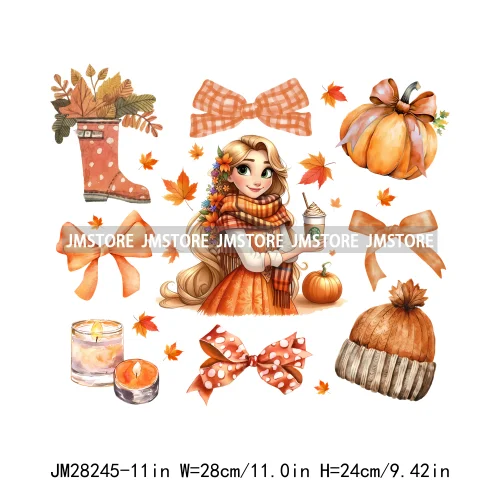 Cartoon Princess Cute Animal Coquette Fall Season Autumn Pumpkin Spice Iron On DTF Transfers Stickers Ready To Press For Clothes