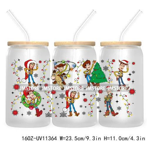 Cute Kids Cartoon Character With Christmas Lights Tree Xmas Holiday UV DTF Transfer 16OZ Libbey Glass Can Wrap Ready to Apply