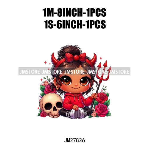 Chibi Cute Halloween Devil Latina Baby Hispanic Girls Skull Red Rose DTF Iron On Transfer Stickers Ready To Press For Sweatshirt