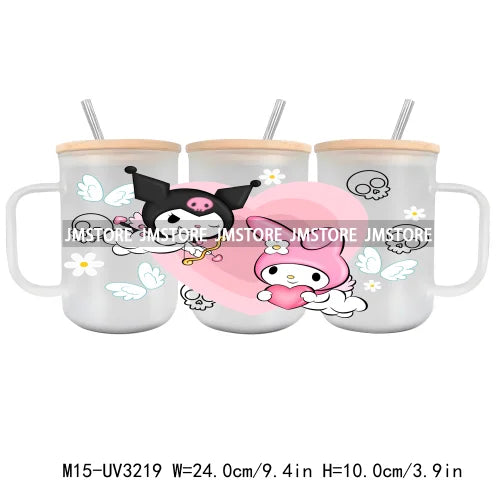 Cartoon Best Friends UV DTF Glass Can Wrap For 15OZ Mug Glass Cup Transfer Stickers DIY Custom Logo Labels Cute Cat Sunflowers