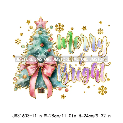 Merry And Bright Christmas Faux Gold Giltter Coquette Tree Gifts Girly Iron On DTF Transfer Stickers Ready To Press For Clothing