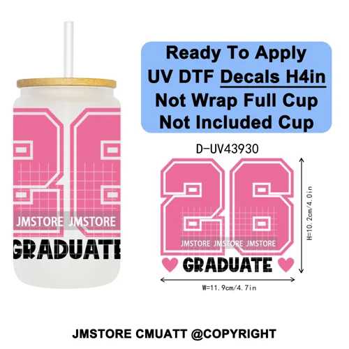 Girly University Graduation 2026 UV DTF Decals Ready To Apply Waterproof Transfer Stickers DIY Crafts For 16OZ Libbey Glass Can