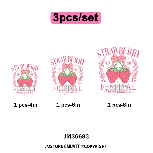 Boho Coquette Floral Strawberry Festival Vibes Summer Fruit Iron on DTF Thermal Transfer Sticker Ready to Press for Clothes Bags