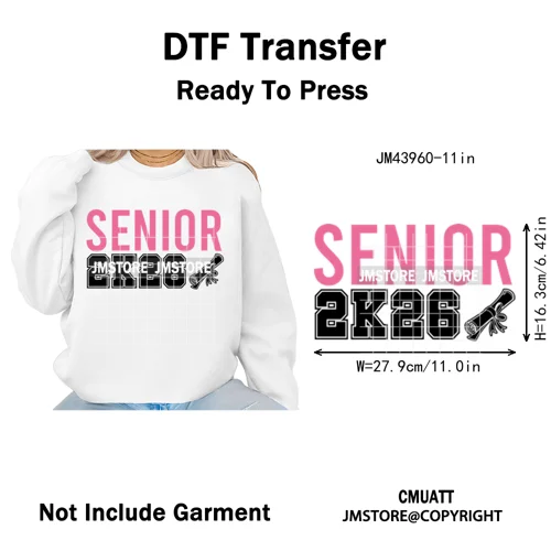 College Mega Senior 2K26 Coquette Class of 2026 Iron on Washable DTF Heat Transfers Stickers Ready to Press for Textiles Bags