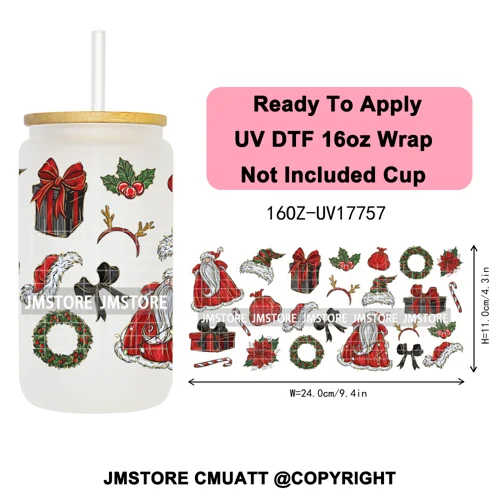 Christmas Cartoon Princess Merry Greenmas 16OZ UV DTF Cup Wraps Ready To Apply Waterproof Transfer Stickers For Libbey Glass Can
