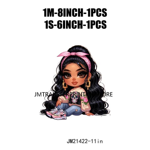 Pink Bow Long Hair Chibi Cute Chicana Doll Girls With Earing Washable Iron On DTF Transfers Stickers Designs For Sweatshirt