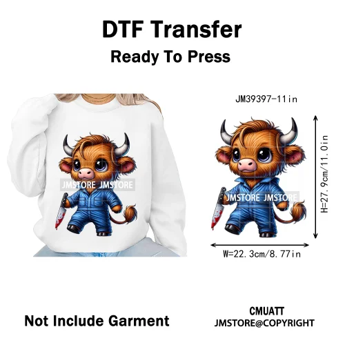 Horror Spooky Cartoon Baby Highland Cow Halloween Vibes Animal Iron on DTF Washable Transfers Sticker Ready to Press for Hoodies