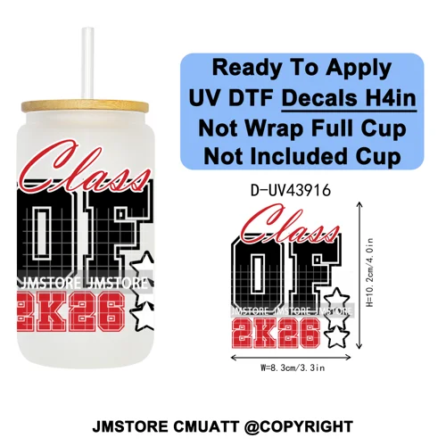 Girly University Graduation 2026 UV DTF Decals Ready To Apply Waterproof Transfer Stickers DIY Crafts For 16OZ Libbey Glass Can