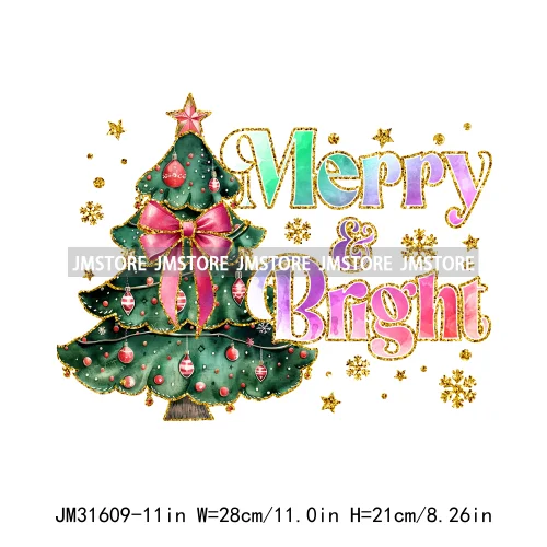 Merry And Bright Christmas Faux Gold Giltter Coquette Tree Gifts Girly Iron On DTF Transfer Stickers Ready To Press For Clothing