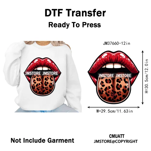 12in Glossy Dripping Lips Streetwear Graffiti Trap Girls Iron on DTF Thermal Transfer Stickers Ready to Press for Woman Clothing