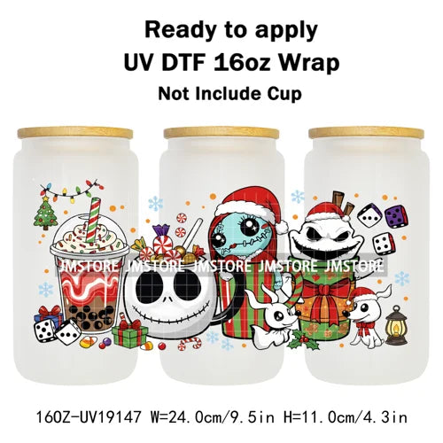 Horror Christmas Nightmare Character UV DTF Wrap Transfer Sticker Selfadhesive Waterproof High Quality For 16OZ Libbey Glass Can