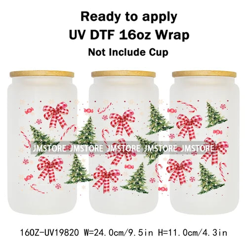 Coquette Christmas Tress Jingle Bells UV DTF Transfer Sticker Cup Tumbler Wrap DIY Labels For 16OZ Libbey Glass Bottle Mug Wraps