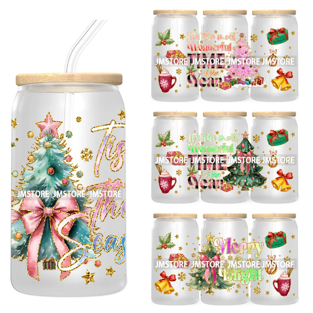 Coquette Glitter Holly Jolly Christmas Tree UV DTF Cup Wrap For Libbey Glass Can Transfer Stickers Waterproof Custom Labels Gift