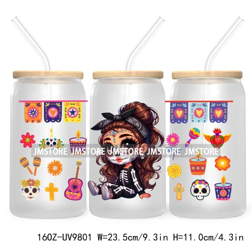 Day Of The Dead 16OZ UV DTF Cup Wrap Transfer Stickers Hispanic Chibi Baby Girl Custom Labels Waterproof For Libbey Glass Can