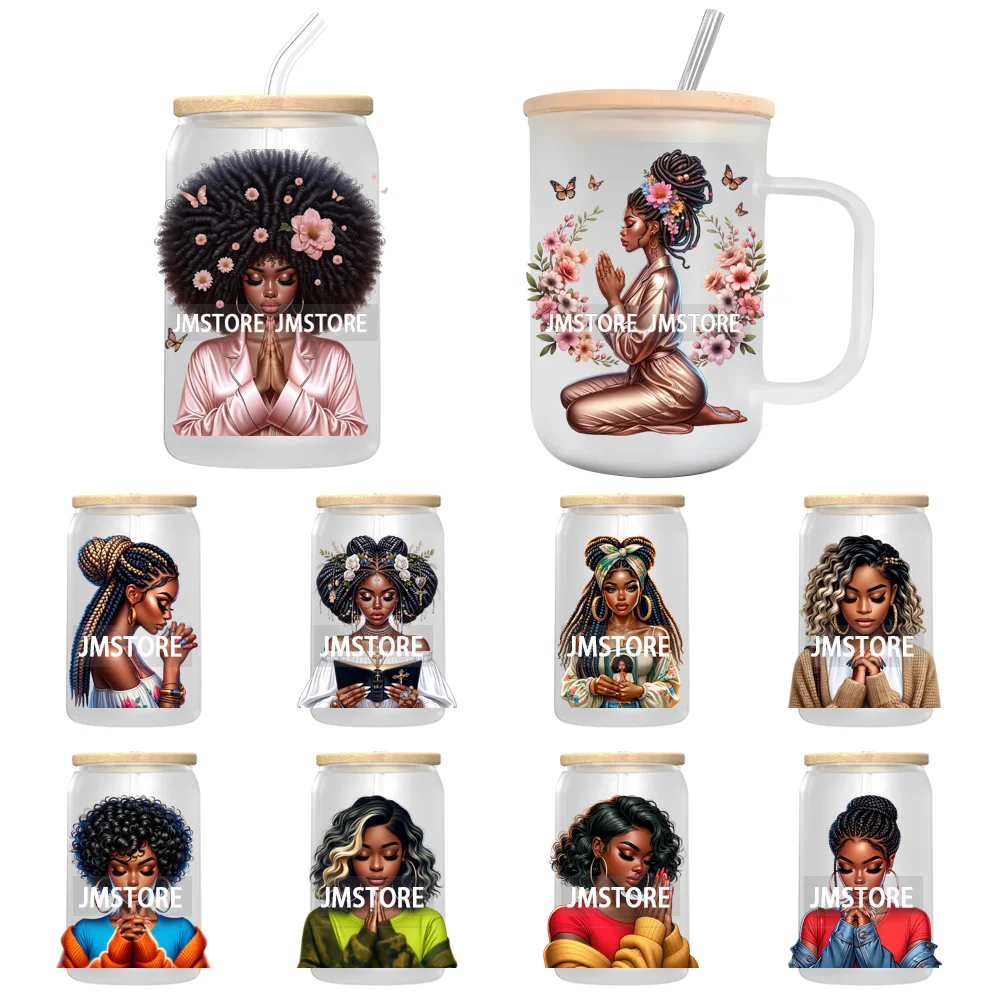 Black Girl Praying Faith Religious Woman UV Sticker Decals For Libbey Cold Cups Mugs Tumbler Transfer Stickers Waterproof Prints
