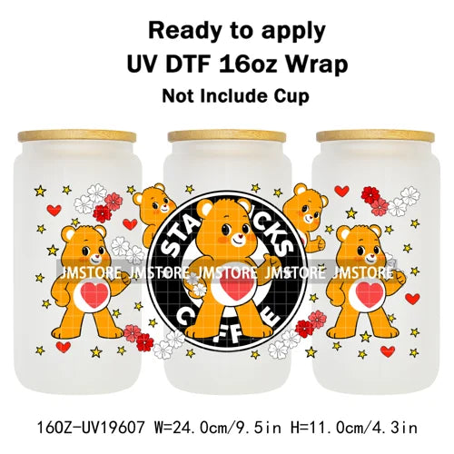 Cheerful Floral Hearts Cartoon Bears Clipart UV DTF Transfer Stickers Cup Tumbler Wrap For 16OZ Libbey Glass Bottle Cup Wraps
