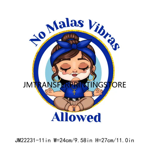 No Malas Vibras Allowed Latina Chicano Conchas Mom Cartoon Girls Mama La Reina Mexican DTF Transfer Stickers For Sweatshirt