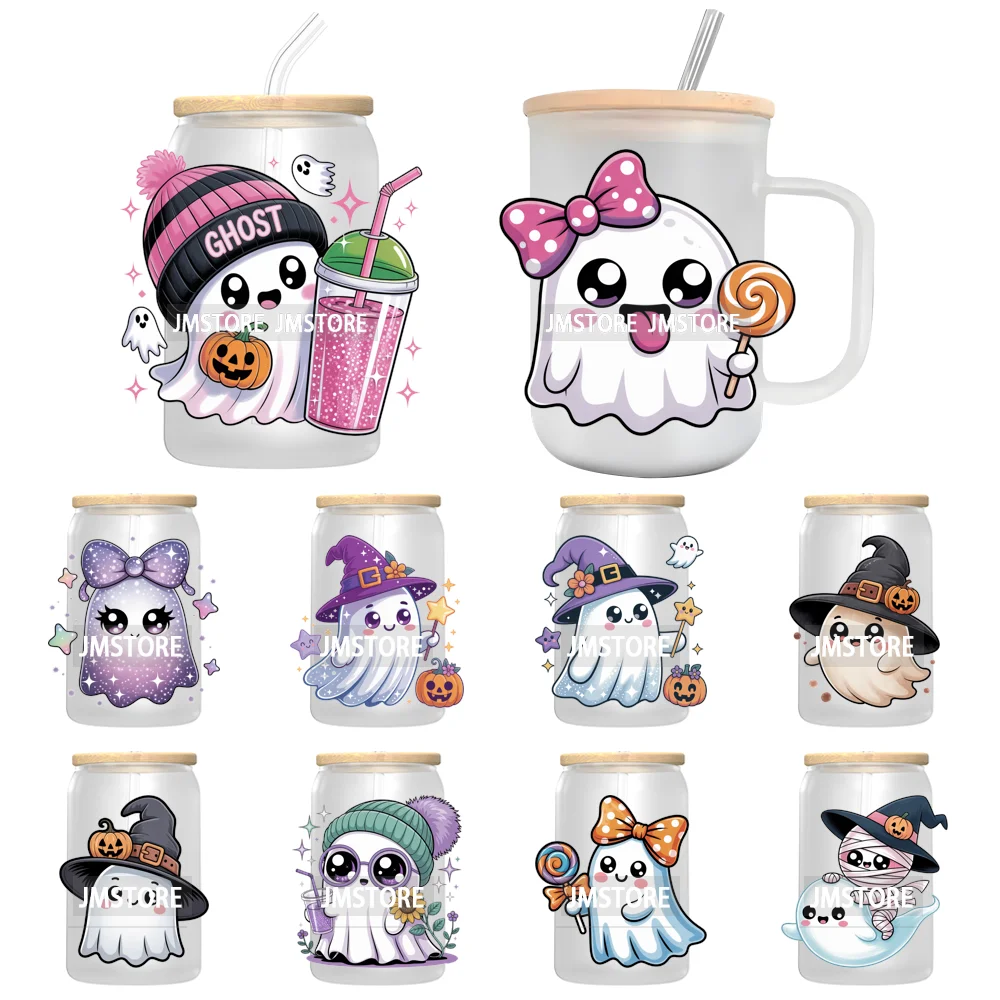 Cute Halloween Witch Ghost Sweet Boo UV DTF Decals Ready To Apply Waterproof Transfer Stickers Prints For 16OZ Libbey Glass Can