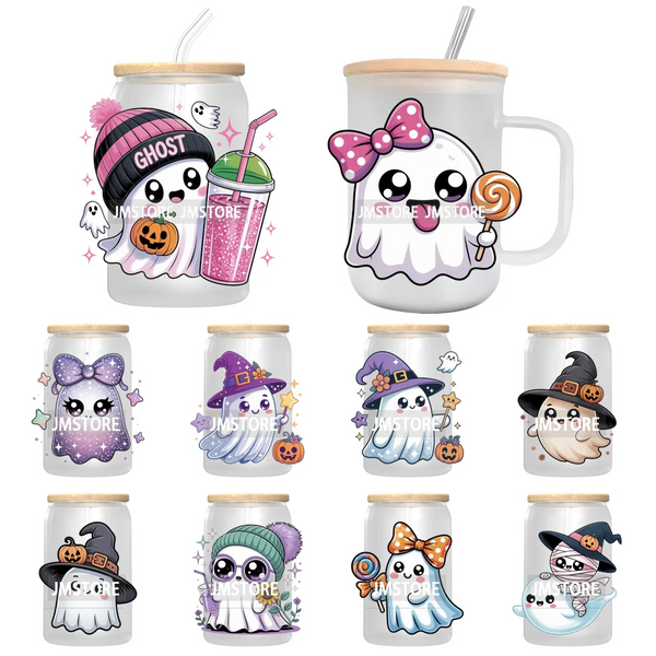 Cute Halloween Witch Ghost Sweet Boo UV DTF Decals Ready To Apply Waterproof Transfer Stickers Prints For 16OZ Libbey Glass Can