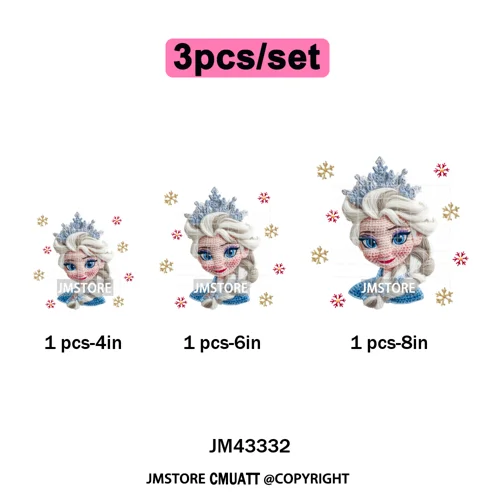 Cute Faux Knitting Yarn Princess Cartoon Character Christmas Holiday Iron on DTF Transfers Stickers Ready to Press for Hoodies