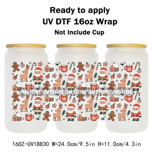 Christmas Bookish Santa Stocking Gifts UV DTF Cup Wrap Ready To Apply Transfer Stickers Waterproof For 16OZ Libbey Glass Can Mug