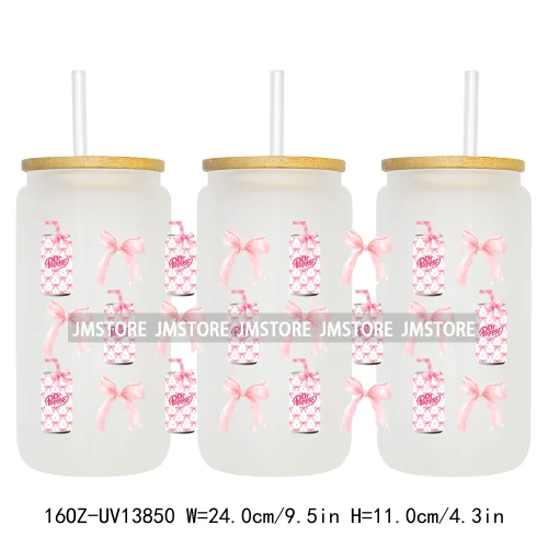 Soft Drink Pink Bow Coquette Strawberry UV DTF Wraps Transfer Sticker Selfadhesive Waterproof  For 16OZ Libbey Glass Can Tumbler